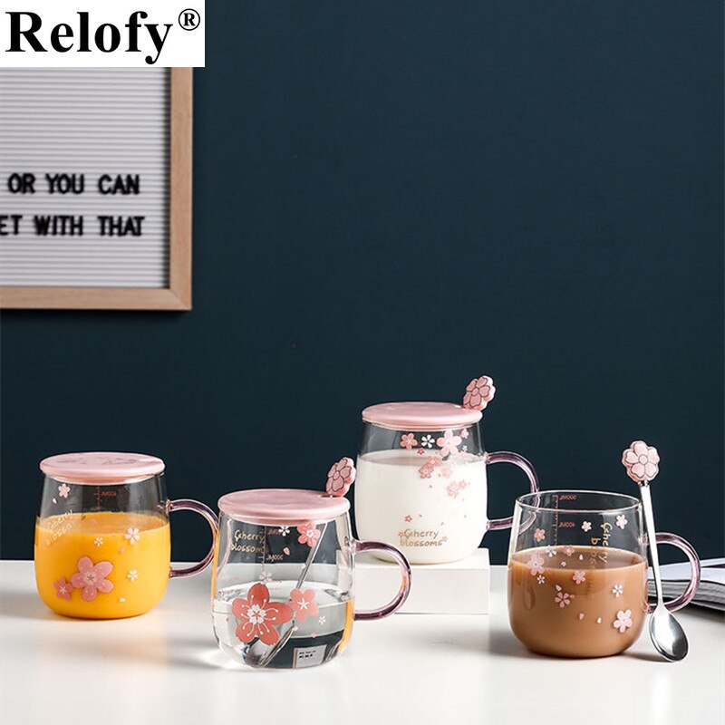 Taza de café de cristal con flor de cerezo, vaso con cuchara, amantes de la personalidad, para café, zumo, té, desayuno, utensilio para bebidas, 500ml