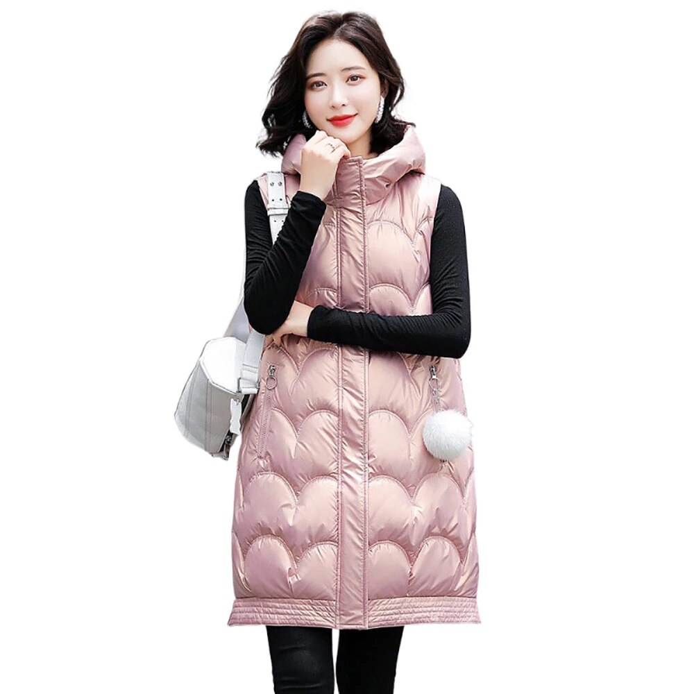 Solid Hooded Vrouwen Winter Vest Lange Stijl Dikke Vrouwelijke Mouwloos Vest Katoen Gewatteerde Vest Jasje Met Pocket Uitloper