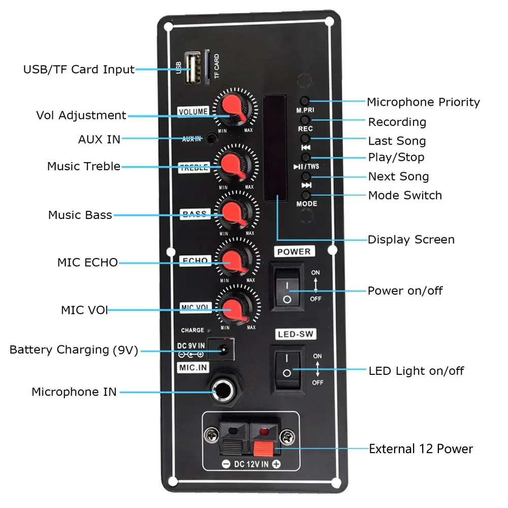 Bluetooth Audio Amplifier Board MP3 Amplifiers Subwoofer Microphone Amp Module for 4 ohms Speaker 7.4V Battery Powered DC 12V