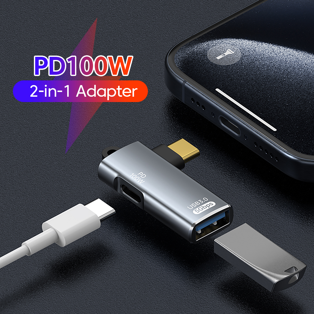Adapter OTG 2 w 1 Kolanko PD100W Szybkie ładowanie typu C męski na żeński konwerter typu C/USB Złącze słuchawek USB do iphone 15