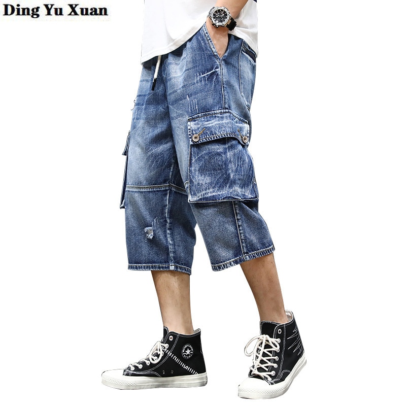 Herr streetwear sommar jeansshorts i bomull under knä lös passform casual cargo korta jeans hombre hip hop elastiska midja byxor