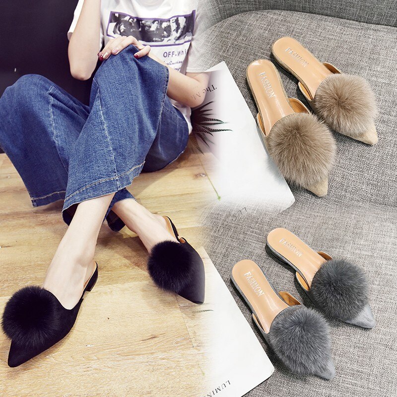 Merk pompon muiltjes schoenen dames slippers bontbal slippers dames puntige neus muiltjes sandalen platte slippers winter pluizige bont schoenen