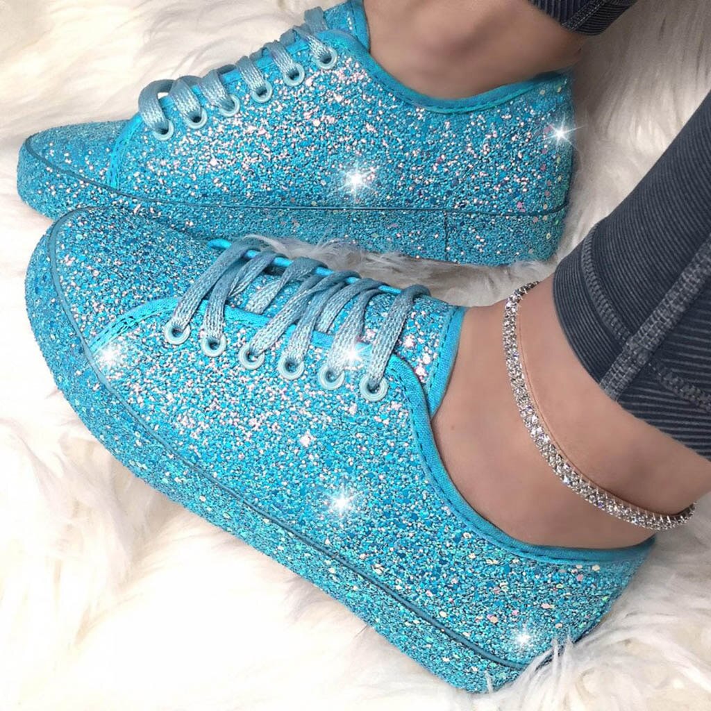 Vrouwen Schoenen Mode Vrouwelijke Casual Platte Bling Glitter Lace Up Comfortabele Zachte Sport Schoenen Dames Sneakers Plus Size C140 #