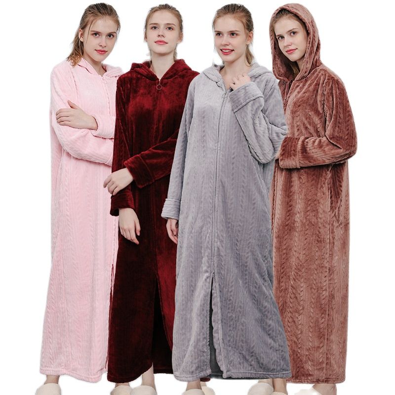 Albornoz de terciopelo con cremallera para mujer, ropa de dormir de otoño e invierno, gruesa, de franela, para el hogar