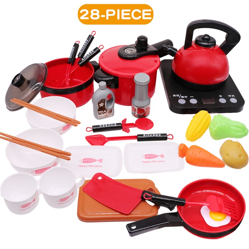 Children Pretend Play Kitchen Tools Simulation Induction Cooker Pot Food Utensils Toys Fruit Vegetable Food Cutting Toy: 28pcs-Red