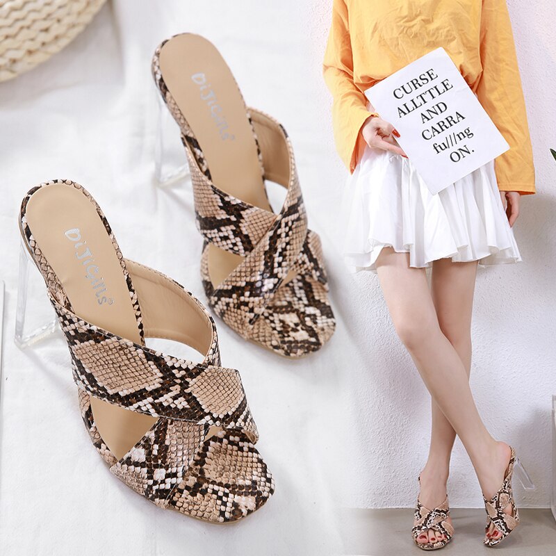 Liren Zomer Mode Sexy Snake Patroon Slingback Vrouwen Sandalen Transparante Hoge Vierkante Hakken Open Teen Mode Schoenen