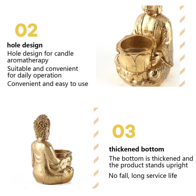 Portavelas con estatua de Buda, vela de meditación, decoración pequeña de Buda rezando, candelabro de resina meditando para el hogar, patio trasero y oficinas
