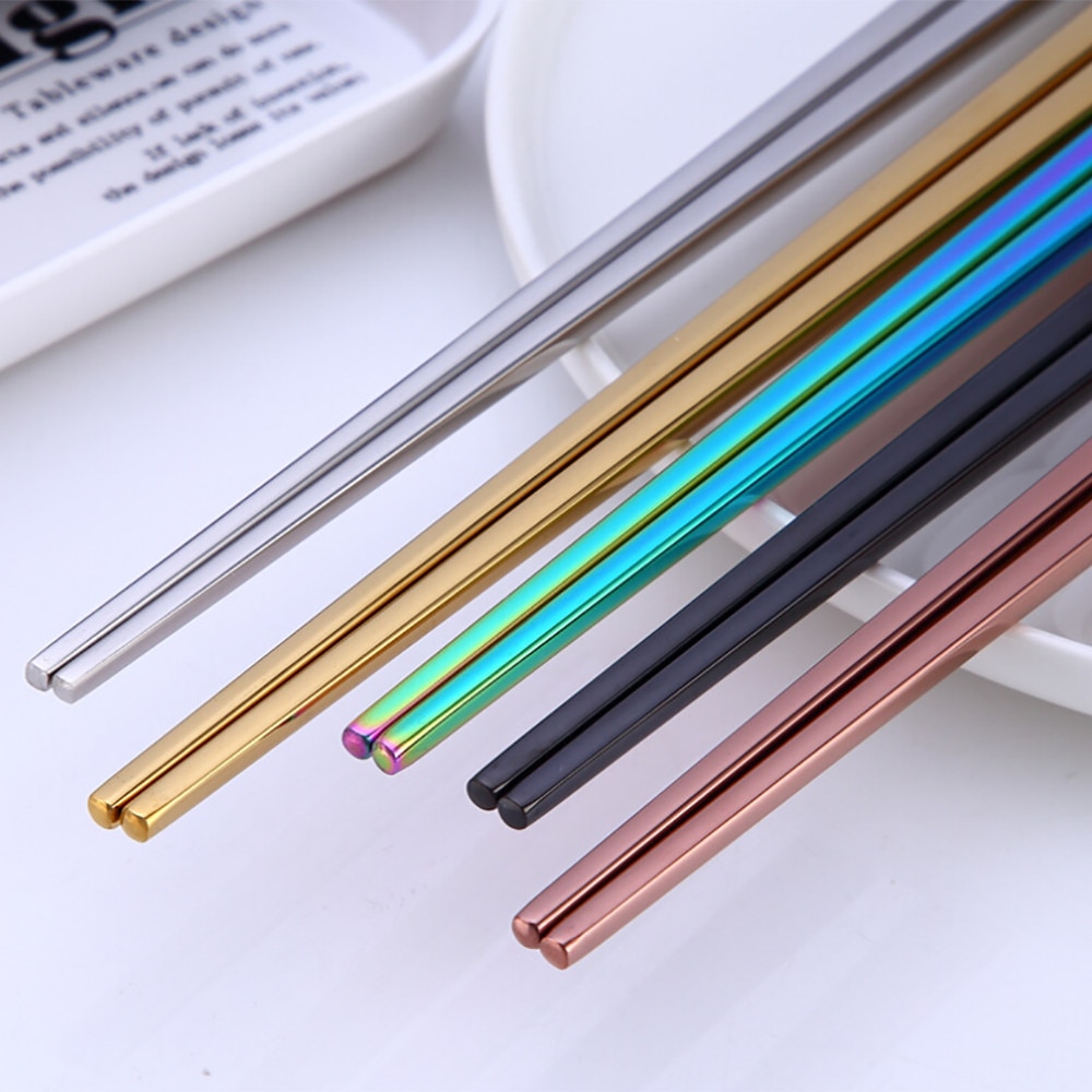 1 Pair 23cm Length Square Chopsticks Stainless Steel Titanium Gold Rose Gold Sushi Colorful Chopsticks #50g