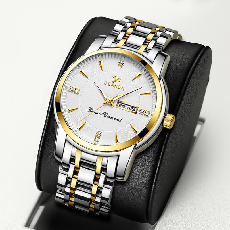 JLANDA-Reloj de pulsera de acero inoxidable para Hombre, Reloj de lujo clásico, de negocios, con fecha y semana, de cuarzo