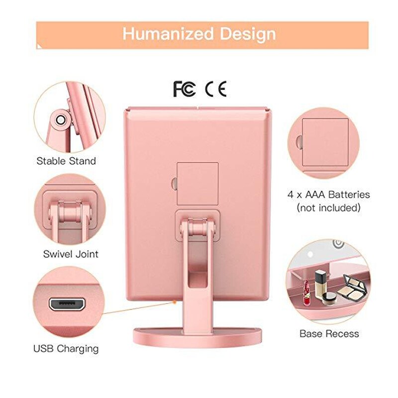 Espejo LED para maquillaje, espejo plegable con luz, 2 veces 3 veces más grande, espejo de relleno, espejo dorado rosa