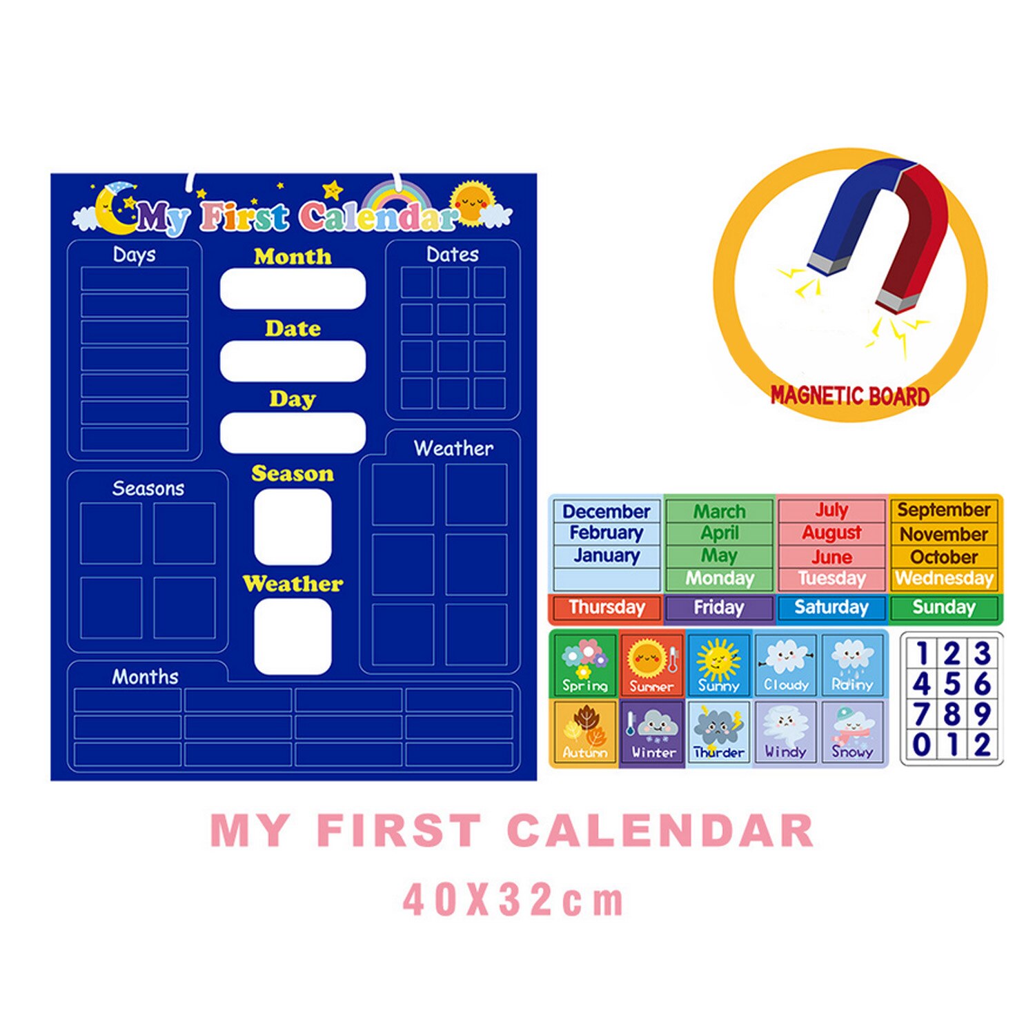 Kids Magnetic Calendar Time Month Date Day Season Weather Learning Chart Board Early Educational Toy for Boys Girls Home School