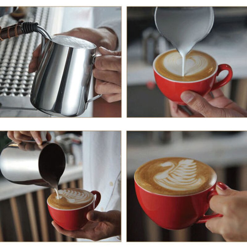 Märkesstil rostfritt stål mjölkskumningskanna skummare kaffe latte behållare kanna 3 storlekar kaffeutrustning