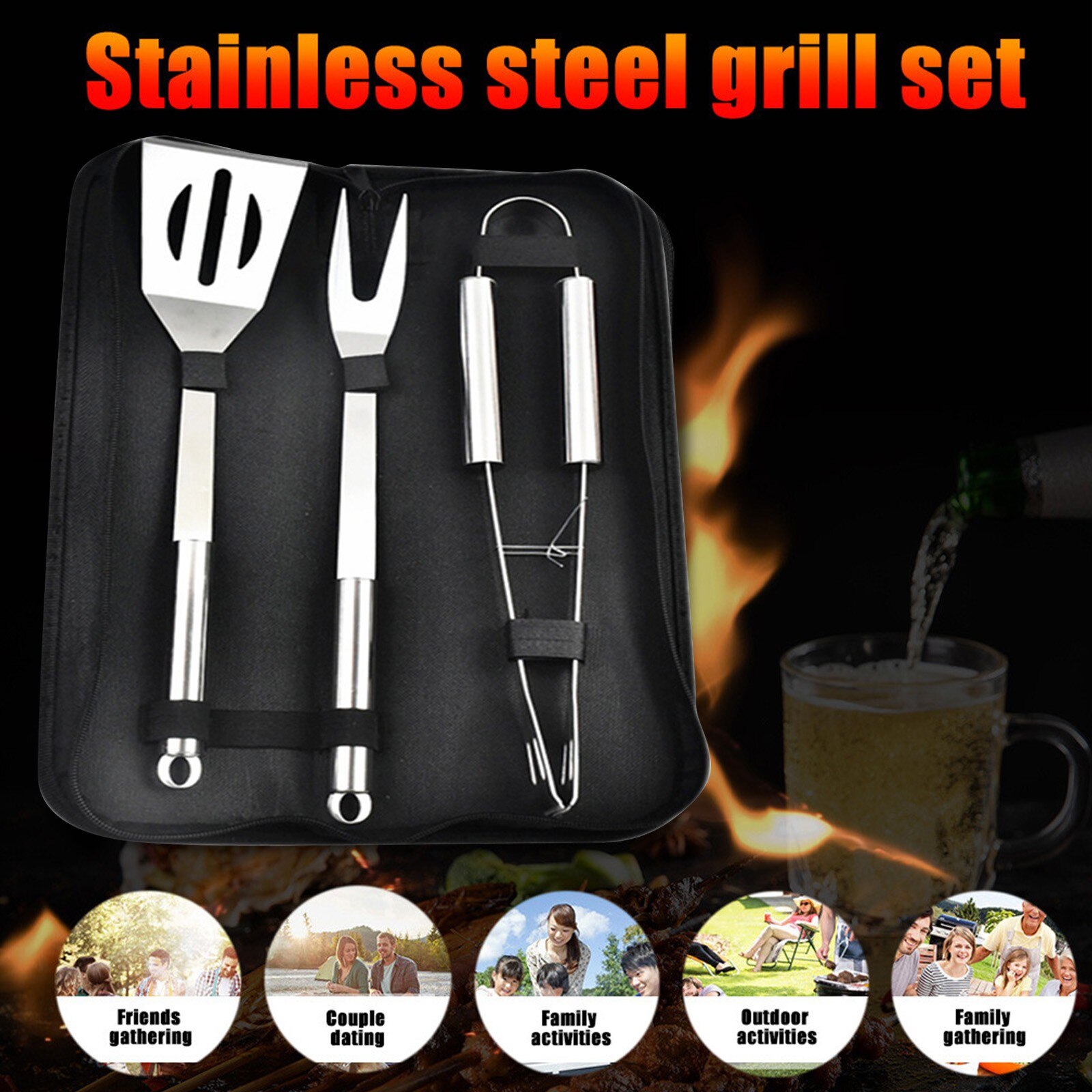 BBQ Set Grill Cooking Utensils Kit Stainless Steel Shovel Fork Tong Barbecue Tool Portable Case BBQ Accessories Bakeware Sets