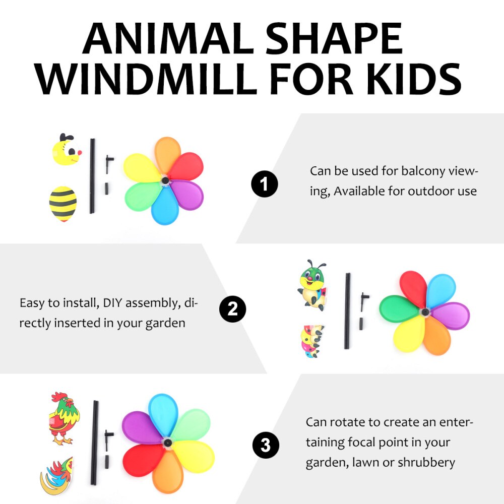 3 stuks driedimensionale mooie landschapsversiering in de vorm van een cartoondier in de vorm van een windmolen voor kinderen