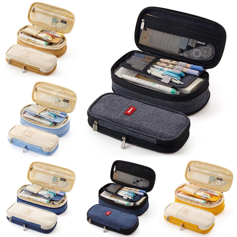 Canvas Double Layer Pencil Case Large Capacity School Student Kids Make Up Bag Pen Box Pouch Pencil Bags Stationery Supply