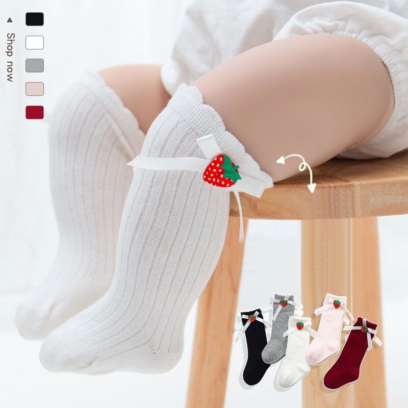 Calcetines largos hasta la rodilla con lazos para bebé, de algodón, Color liso, para primavera y otoño