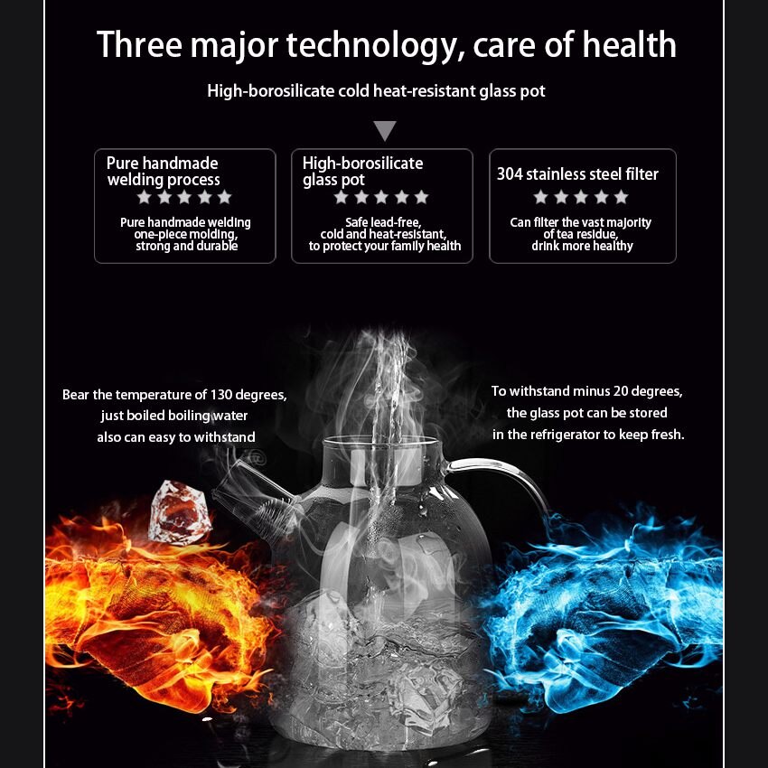 Resistant Transparent Glass Kettle TOD-1800ml Water Pitcher, Teapot Coffee Juice Jug with Stainless Strainer Functional