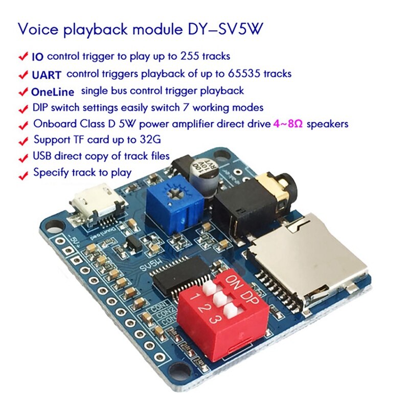 Módulo de reproducción de voz para Arduino DY-SV5W, tarjeta SD/TF, reproductor de música MP3, 5W