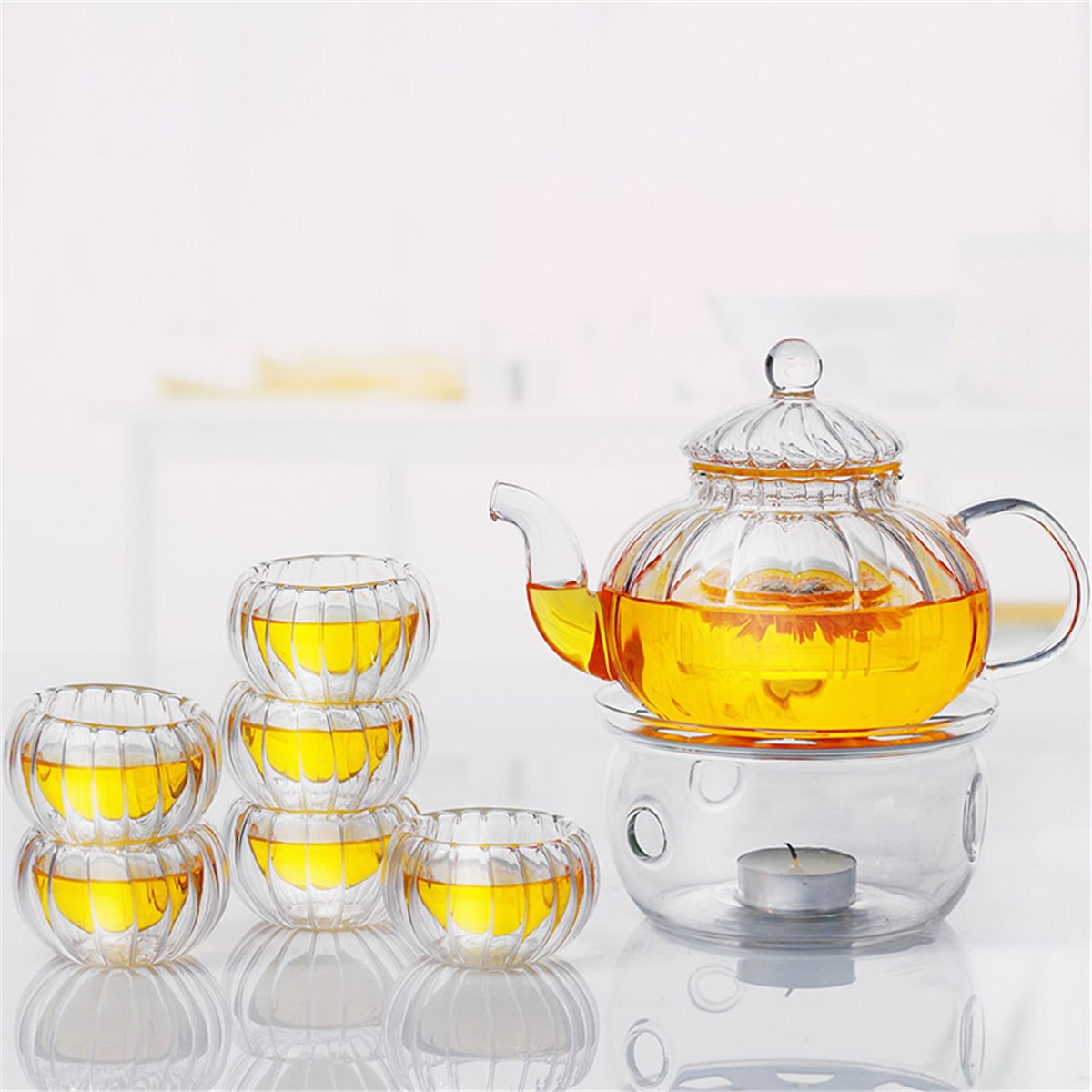 Théière en verre transparent, 600ml, chauffe-plat, avec 6 tasses, théière, bouilloire, infuseur, ustensile pour café et thé, ustensiles pour la cuisine domestique