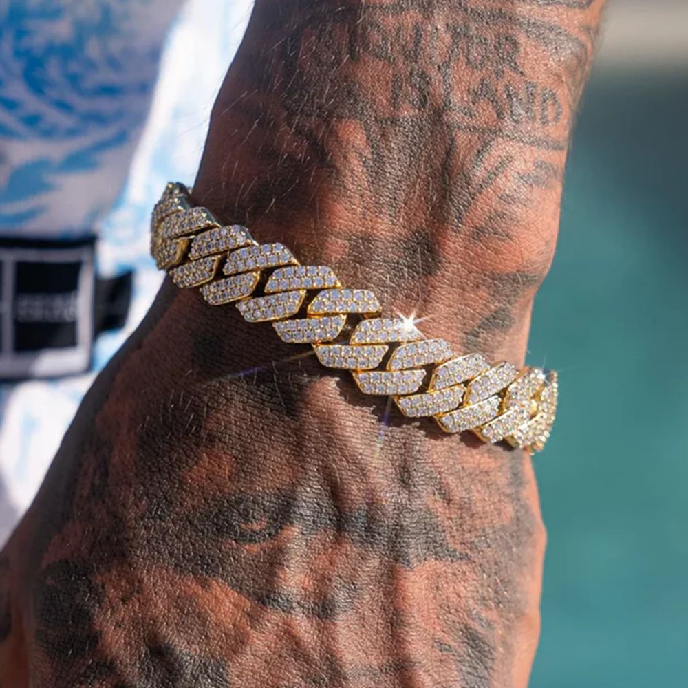 Pulseras de cadena cubana con eslabones helados de 14MM para hombres y mujeres, diamantes de imitación completos, pulsera cubana gruesa de Miami, de joyería Punk Hip Hop: 16 cm / Estampado en caliente