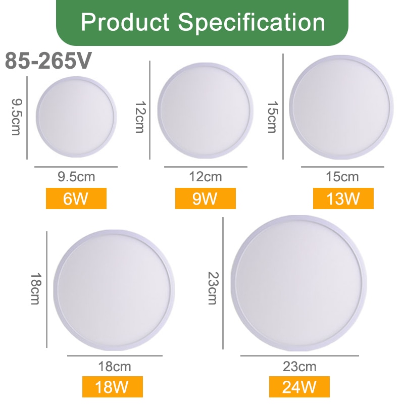 Panel de luz LED para techo, de 18W lámpara redonda, 24W, 36W y 48W, AC85-265V para luz decorativa para el hogar