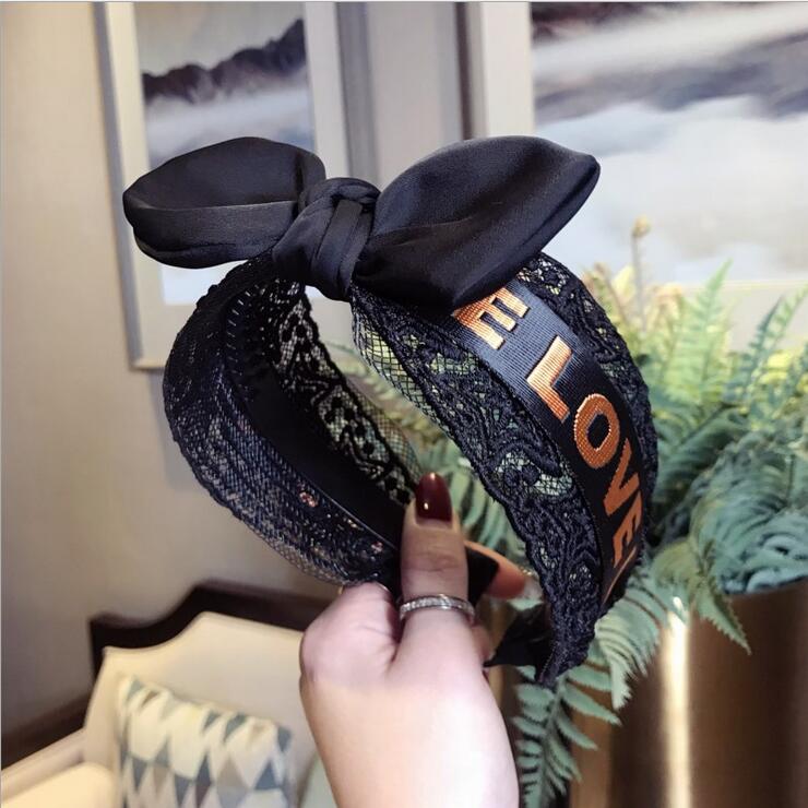 Mode Vrouwen Haarband Brede Zijde Heaband Retro Elegante Strik Haarband Volwassen "LIEFDE" Brief Kant Doek Haar accessoires: black hairband