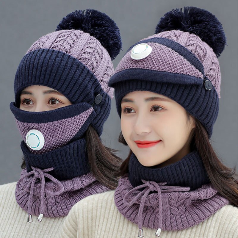 Outdoor Cycling knitted Hats Autumn Winter Knitted Hat Kit With Breathing Mask Thickened Warm Cap 3 in 1 Woman Hat Set: purple