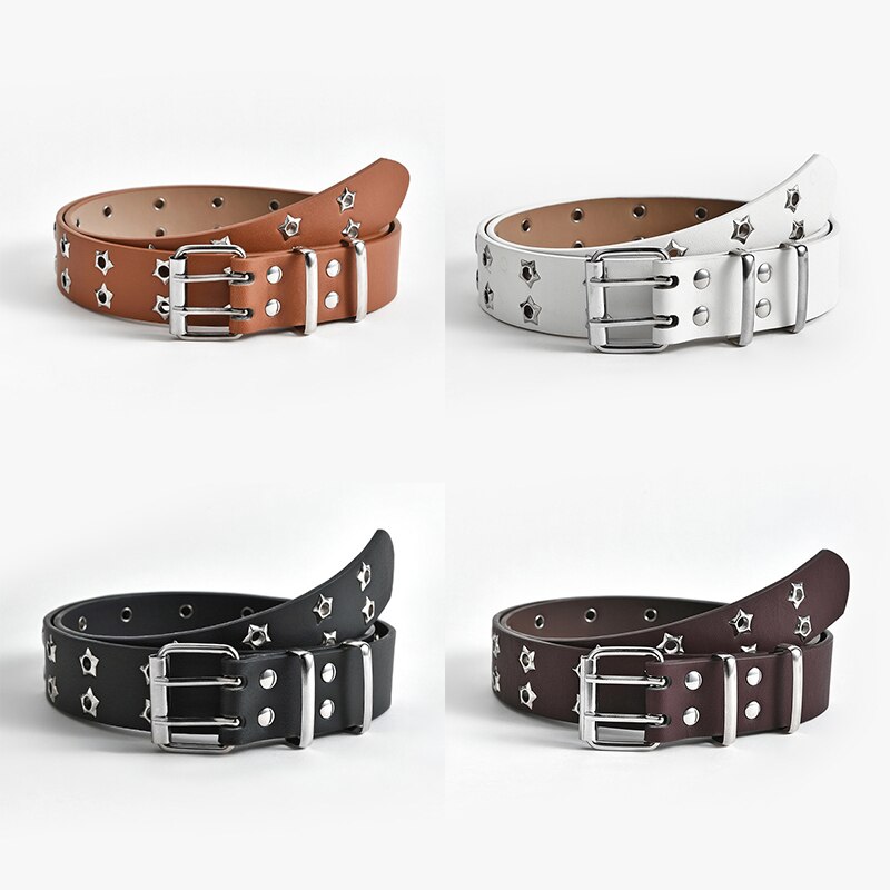 Punk Style Double Star Eyelet Waist Belt Adjustable PU Leather Punk Belt Wide Belt Two Row Hole Pin Buckle Female Belt
