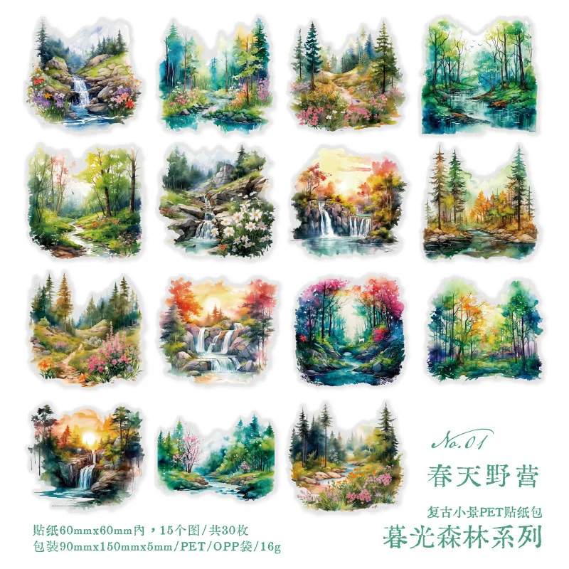 30 unids/bolsa pegatinas transparentes bolsa Crepúsculo bosque serie arte paisaje álbum de recortes diario basura Collages decorativos: Blanco