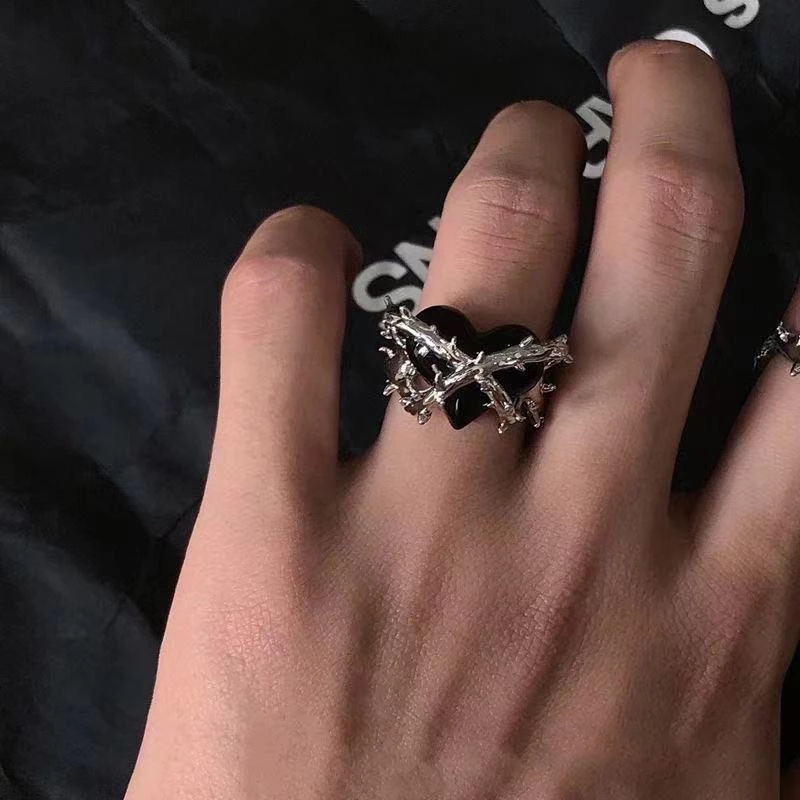 Kpop gotisch Ästhetische Metall Dornen Liebe Herz Punk Offenen Ring Für Frauen Mädchen Jahrgang-Schmuck Y2K EMO Grunge Zubehör