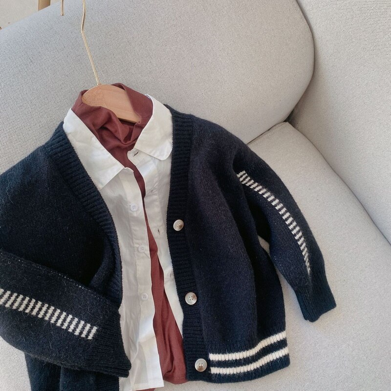 2021 vendita calda autunno ragazzi ragazze maglione cappotto grigio nero Patchwork maniche lunghe Cardigan giacche bambini maglieria Casual E7333