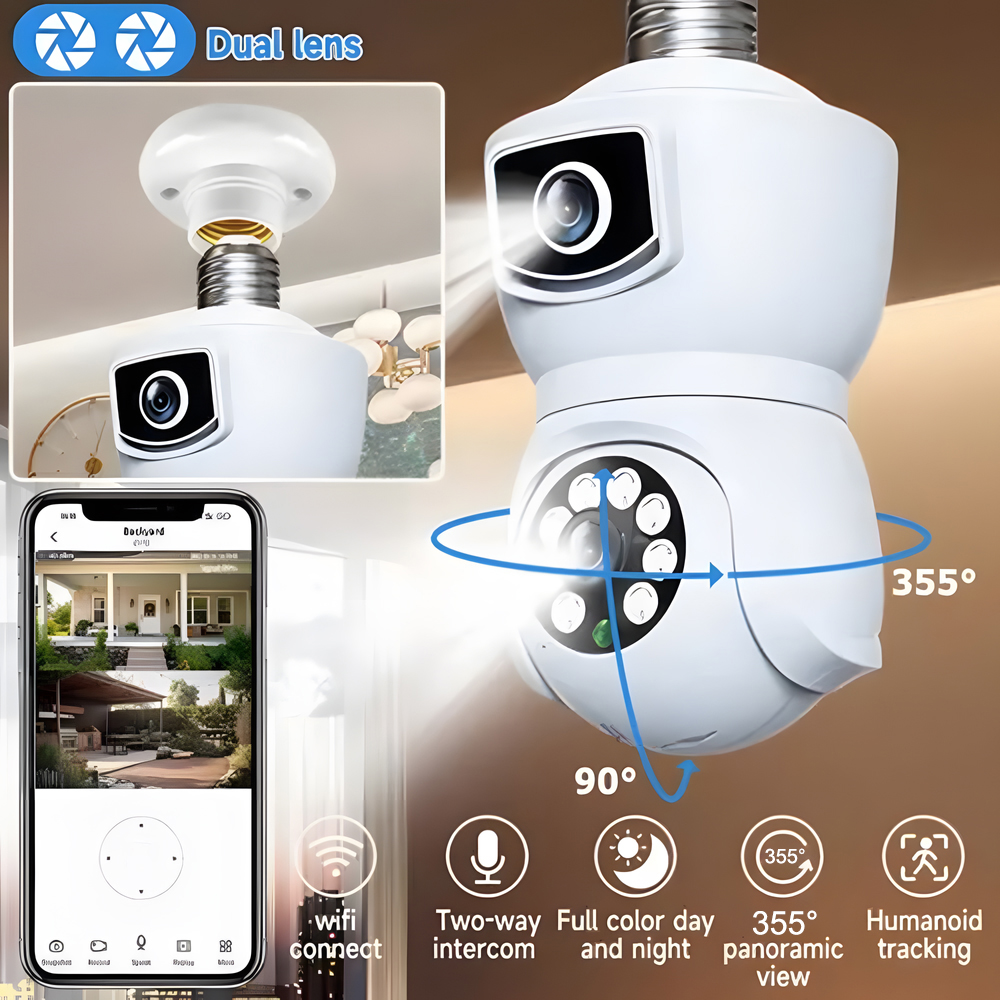 4K 8MP E27 Bulb WiFi Camera Dual Lens Dual Screen Auto Tracking Two Way Audio Color Night Vision Outdoor Security Camera