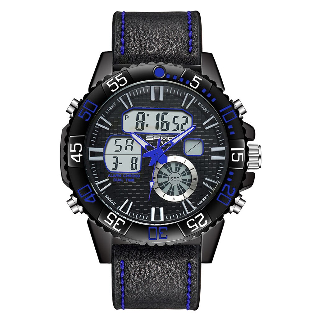Sport Männer Uhren Wasserdicht Dual Display Analog Digital LED Männlichen Leder Strap Elektronische Handgelenk Uhr Reloj Hombre homme: Blue