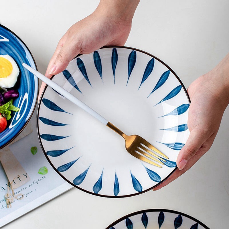 9Pcs Japanese Tableware Set Dinner Plate Round Ceramic Pattern Plate Porcelain Dessert Dinnerware