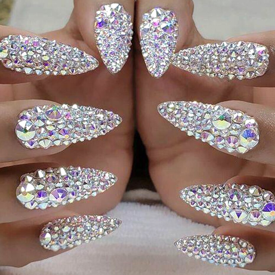 1440 stk ab hvide negle rhinestones sat flad tilbage negle strass krystal sten 3d nail art dekoration tilbehør værktøj  la880