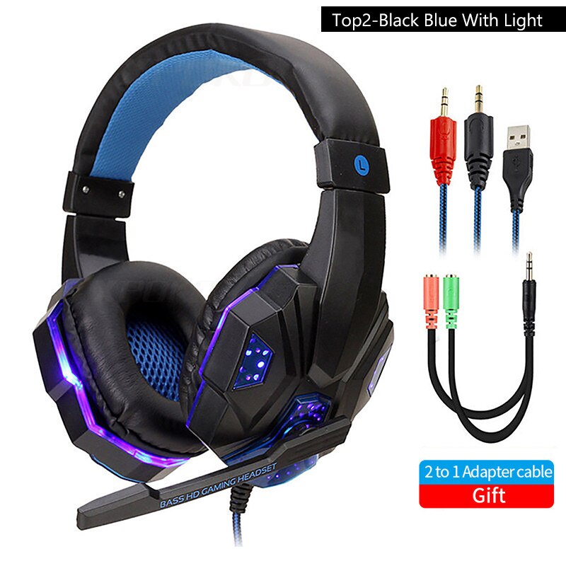 Com fio fone de ouvido gamer fones de ouvido led luz 3.5mm isolamento ruído fone de ouvido com controle volume microfone para computador portátil ps4: BlackBlue with Light