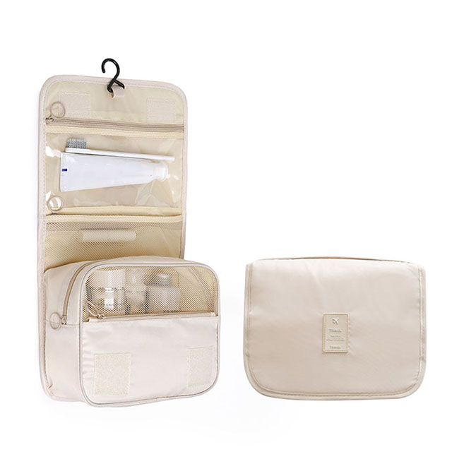 Nueva bolsa de maquillaje de viaje para niña, organizador de artículos de tocador impermeable, Neceser de para mujer, bolsa de lavado con gancho para baño, bolsa de almacenamiento con gancho: Beige