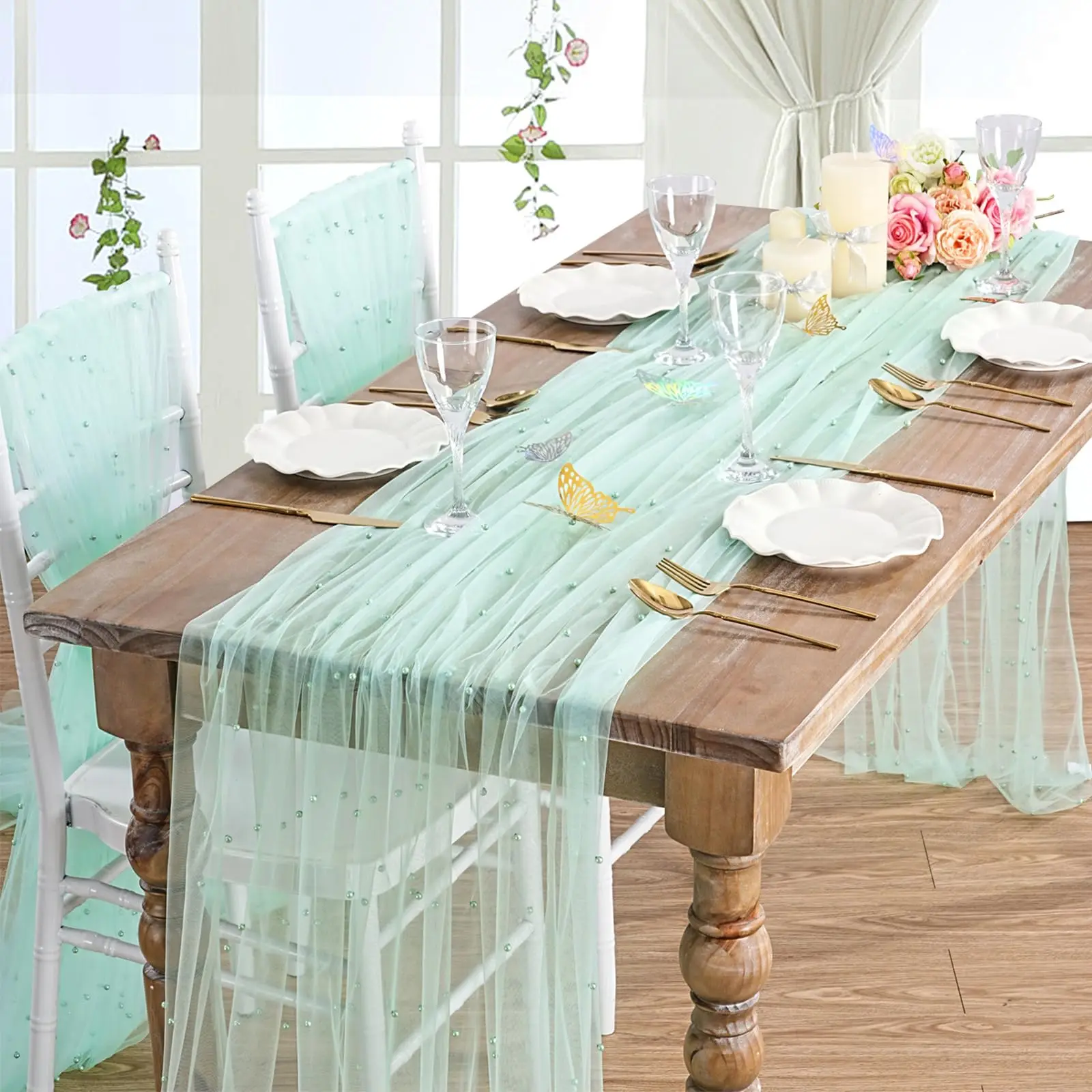 Pearl Table Cloth Wedding Table Runner Decor Tulle Fabric Lace Table Runner for Birthday Party Wedding Arch Veil Decorations