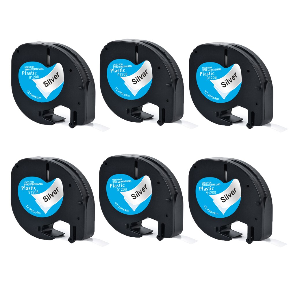 6Packs 91201 Etiketten Compatibel Voor Dymo Letratag Label Marker Plastic/Papier Refill Tapes 91200 Voor Dymo LT100H LT100T printer: black on silver