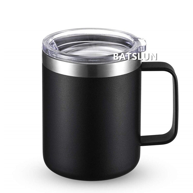 12oz muggar tumbler rostfritt stål kaffemugg mugg med handtag dubbelvägg vakuumisolerad tumbler med lock resekoppar: Svart