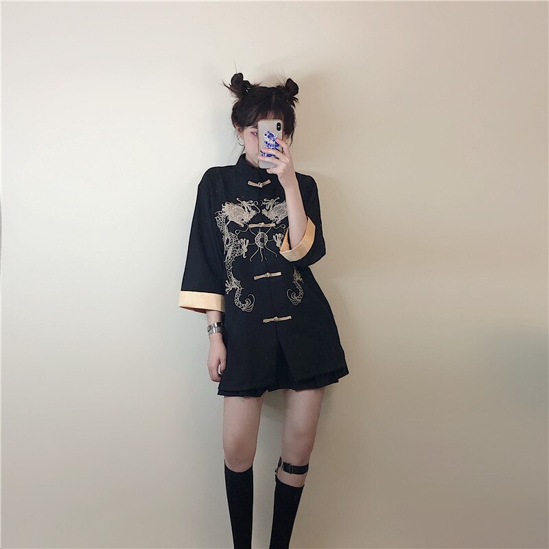 Chaqueta de estilo chino tradicional para niñas y mujeres, traje Tang gótico negro, camisa, vestido, blusa, Bordado de dragón con botonadura única