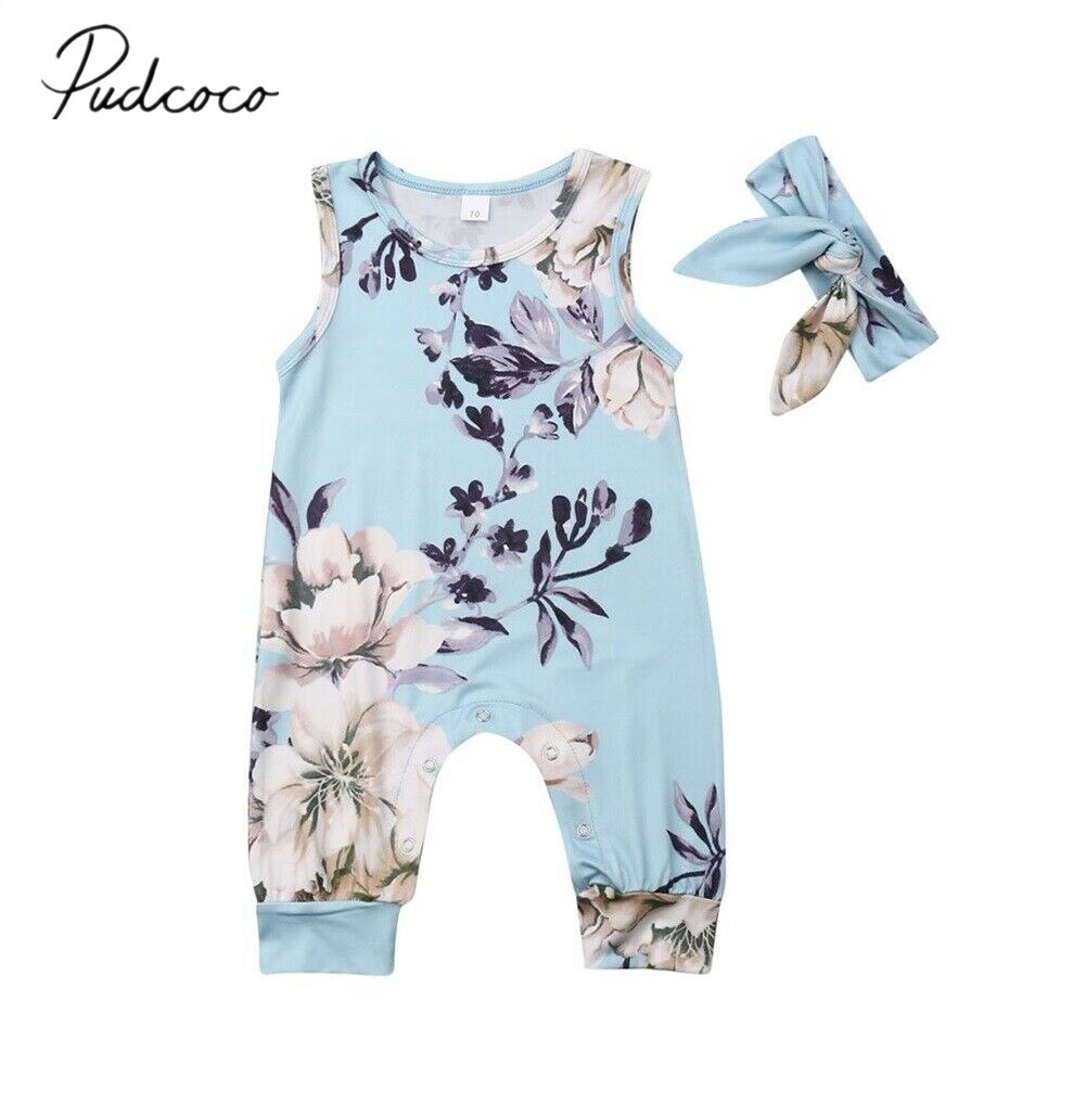 2019 Bebê Roupas de Verão Infantis Bebê Menina Meninos Sem Mangas Floral Romper Cabeça 2 pcs Conjunto Macacão Playsuits Outfits Roupas