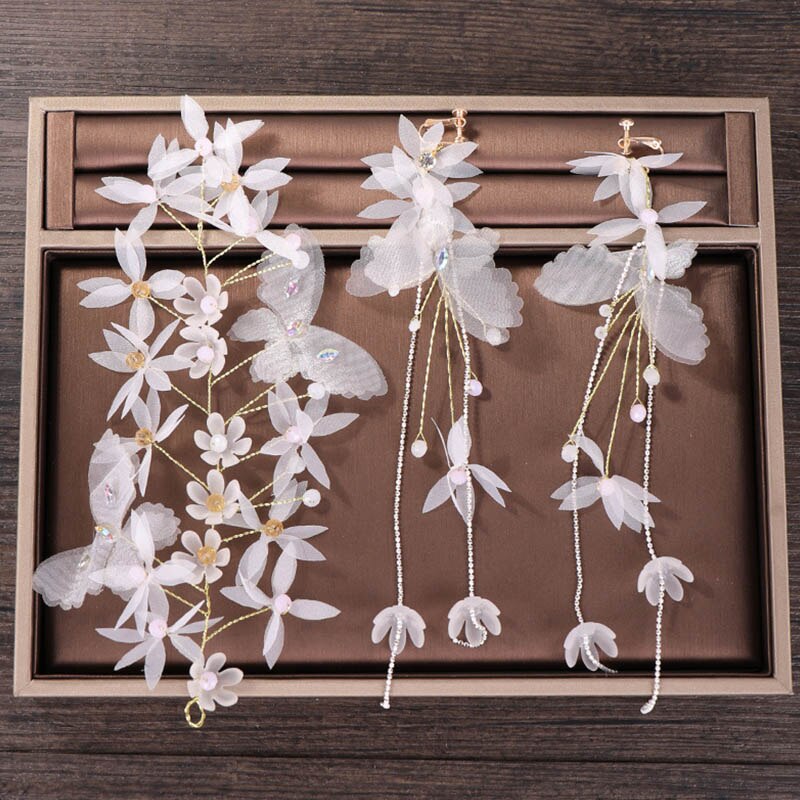 FORSEVEN White Butterfly Flower Beads Long Tassel Headband Earrings Women Headpiece Wedding Accessories Bride Jewelry Sets JL: Default Title