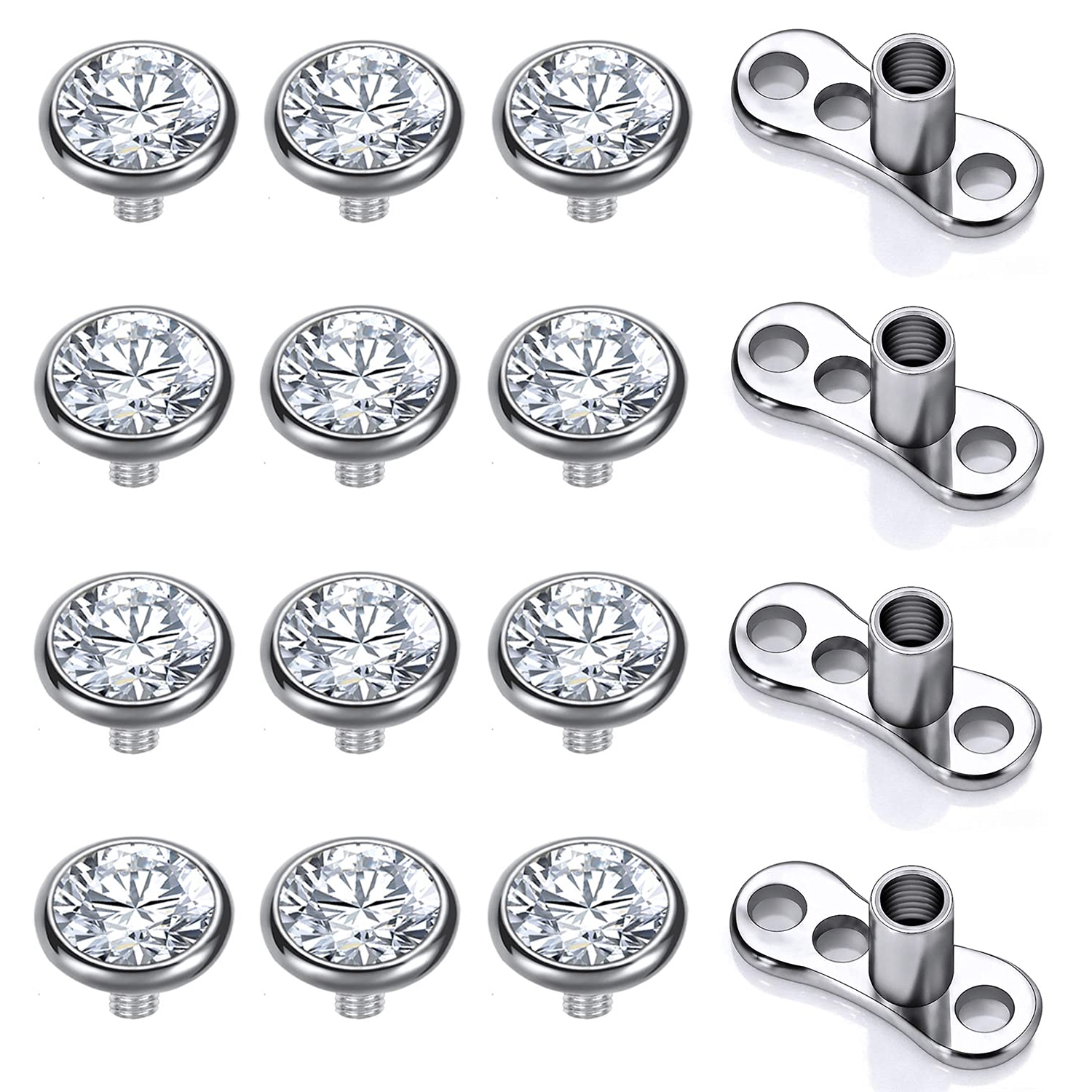 16PCS Crystal Dermal Anchor Tops 3-6mm 14G Surgical Steel Surface Piercing Skin Base: BRASS PLATED