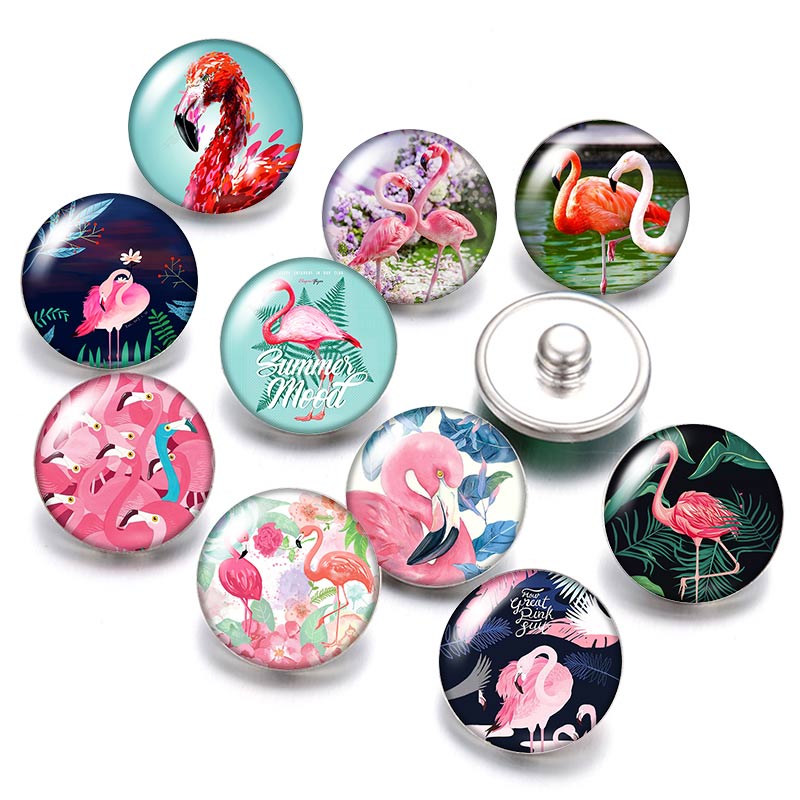 DB0570 Flamingo Vögel trendy 18mm snap tasten 10 stücke mischte runde foto glas cabochon stil für druckknopf schmuck