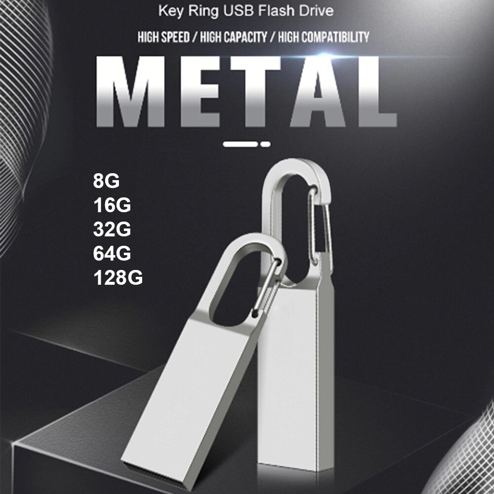 High Speed USB Memory Stick Metal USB 2.0 Flash Drive Pen 8GB/16GB/32GB/64GB/128GB Key Ring U Stick Memory Storage Pendrives