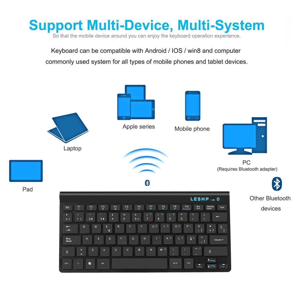 LESHP Universal Compact Durable Slim Portable Wireless 3.0 Keyboard With Built in Rechargeable Battery