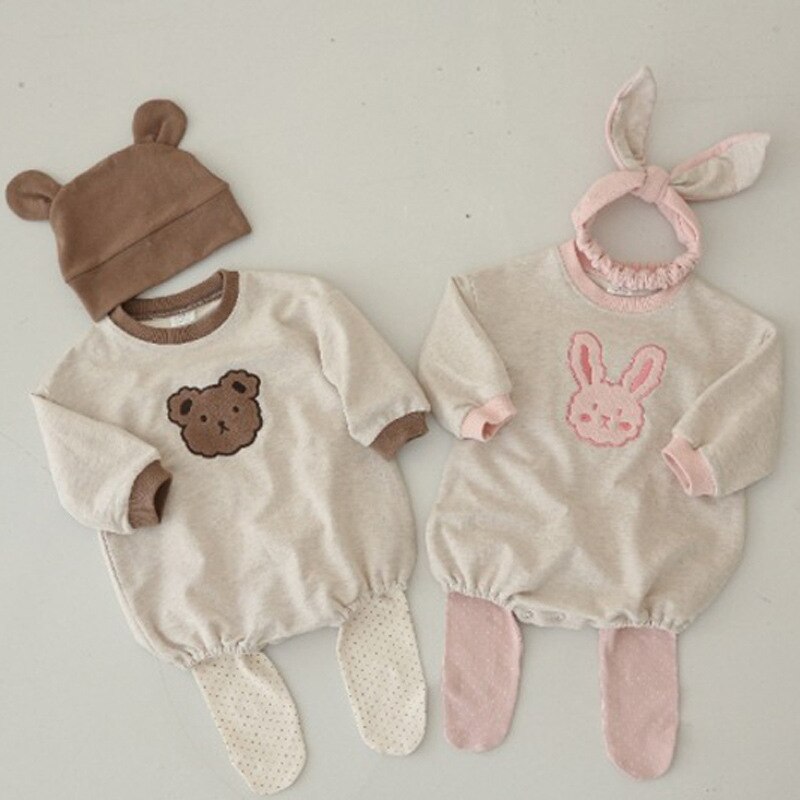 8438 eins Koreanische Baby Jungen Und Mädchen Bär Kaninchen Langarm zur Seite fahren Strampler Klettern Anzug Dreieck Tasche Furz