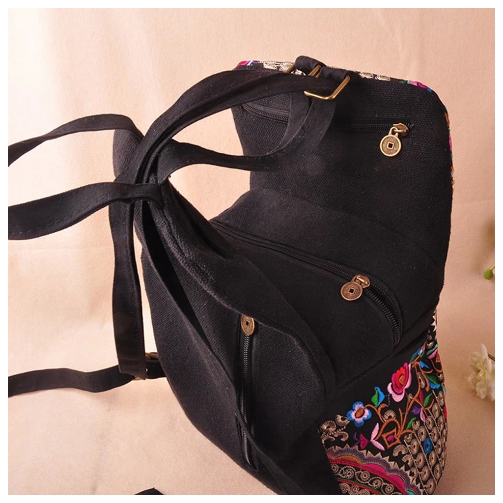 Mochila étnica bordada de lona para mujer, bolso bordado de flores hecho a mano, mochilas escolares,