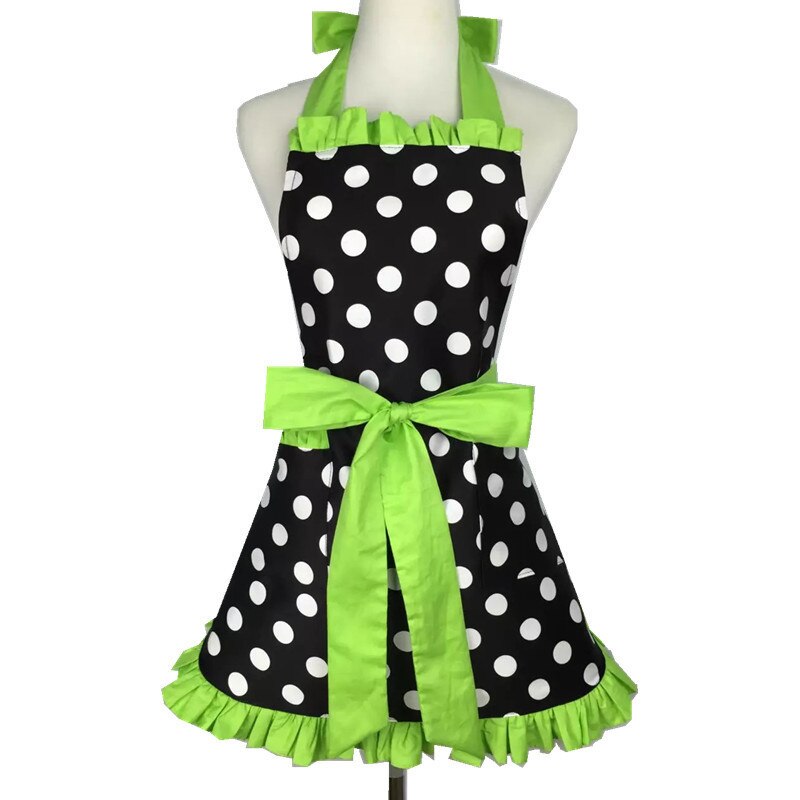 Retro forklæde til kvinder super sød og sjov sløjfe med lomme justerbar bomuld polka prikker sarte hemline madlavningsforklæder: Grøn